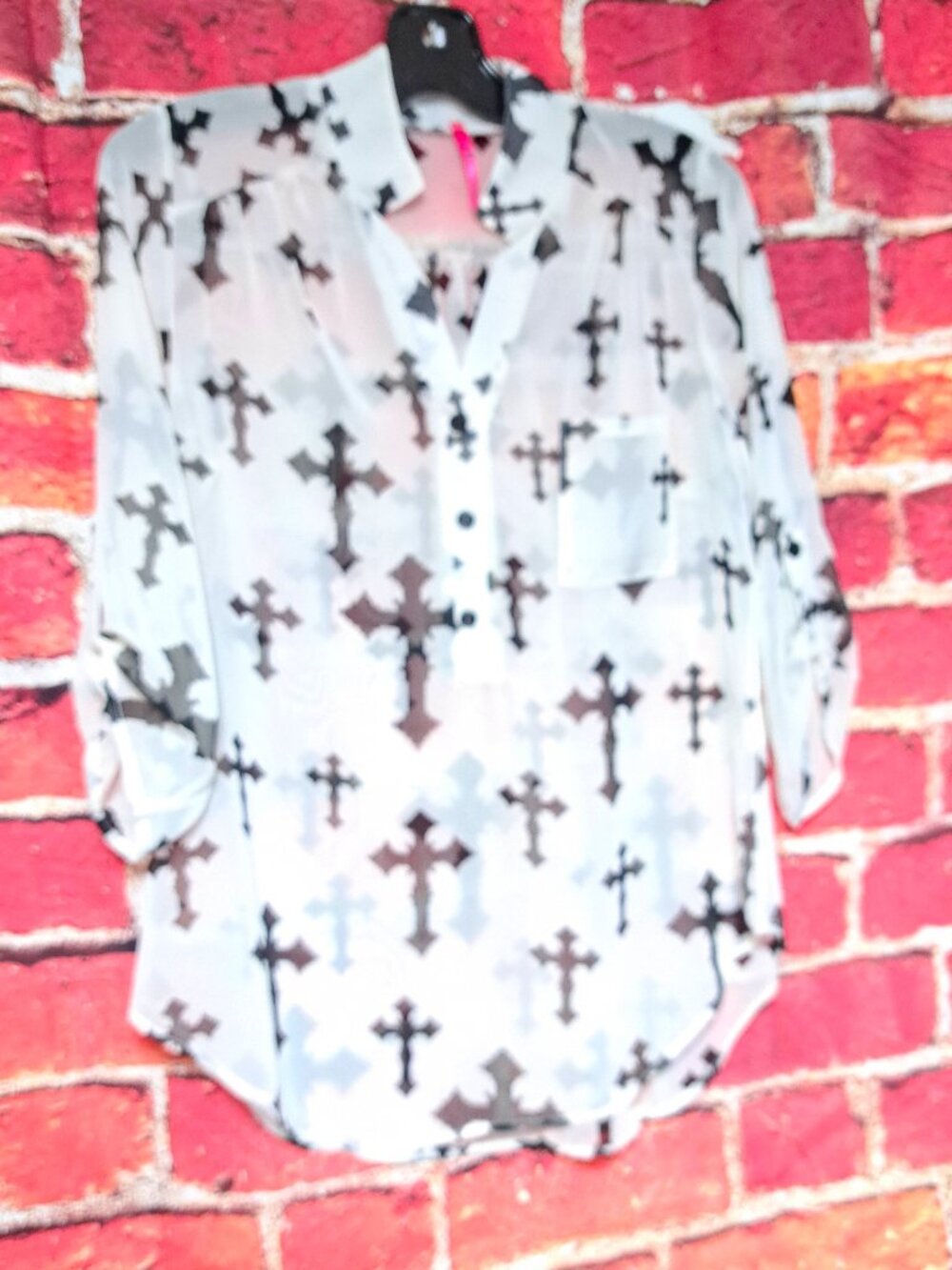 LADIES SOFT SHEER BLOUSE WHITE W BLACK CROSSES SIZE MED